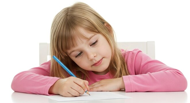 A girl with blond hair wearing a pink shirt is drawing on white paper with a blue pencil