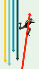 Bold colorful poster. Man climbing red arrow symbolizing growth against downward trends. Concept of...