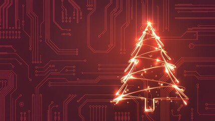 Glowing Christmas tree made of light trails on red circuit board with sparkles and geometric tech grid