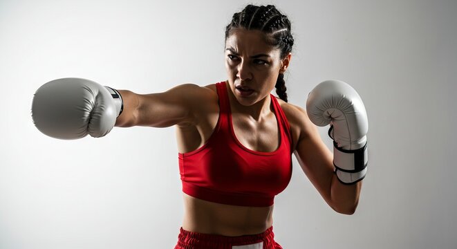A female boxer with braids in a red sports bra and boxing gloves stands ready