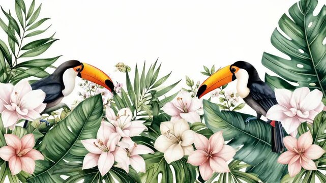 Pair of toucans surrounded by tropical foliage and flowers in a watercolor style illustration.