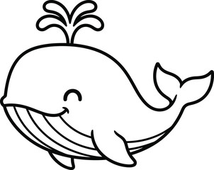 Fototapeta premium Adorable whale cartoon kids coloring page, black and white vector illustration for children�s printable art and learning sheets.