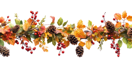 Autumnal garland with leaves berries and pine cones isolated on transparent background