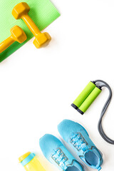 Fitness sports equipment flat lay. Healthy living and wellness concept