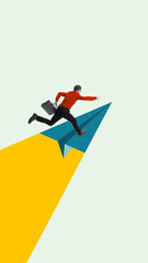 Vibrant artwork. Businessman jumping onto paper plane symbolizing ambition and progress. Concept of...