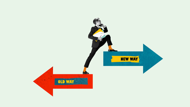 Pop art collage. Businessman stepping from old way to new way symbolizing transformation. Concept of management, education, and personal development through innovation and forward vision.