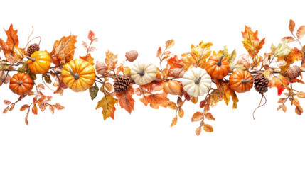 Autumn harvest garland with pumpkins and fall leaves isolated on transparent background