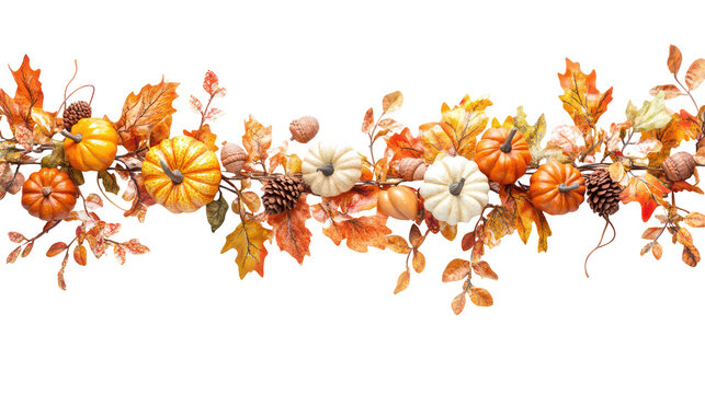 Autumn harvest garland with pumpkins and fall leaves isolated on transparent background