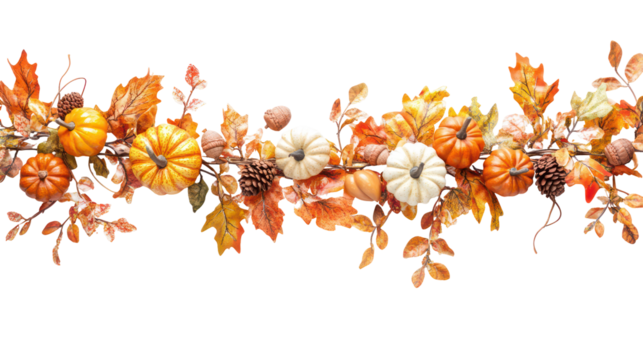 Autumn harvest garland with pumpkins and fall leaves isolated on transparent background