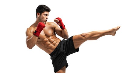 A muscular man is captured in a dynamic kick fists clenched wearing red hand wraps black shorts against a plain white backdrop