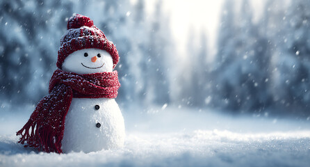Fototapeta premium Charming snowman wearing a red hat and scarf in a snowy winter forest