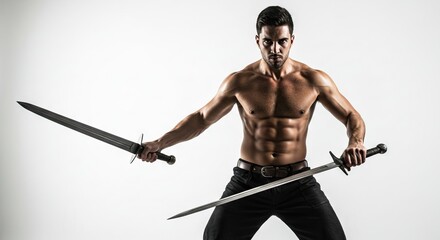 A shirtless man with dark hair holds two swords against a white backdrop flexing his abs