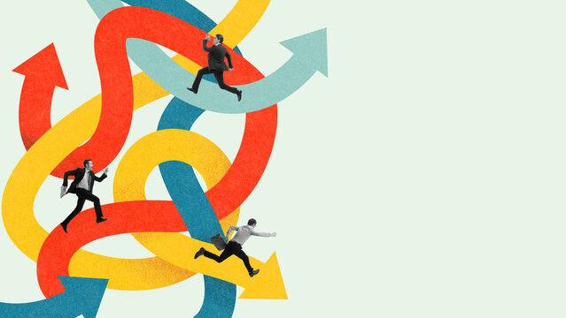Graphic composition. Businessmen running through tangled arrows. Concept of confusion, decision-making, business navigation, problem-solving, competition, corporate challenge.