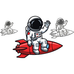 Astronaut waving from rocket ship in space adventure.