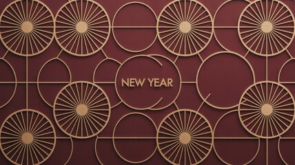 Luxurious Art Deco New Year card with burgundy grid, gold sunburst accents and centered text in clean layout