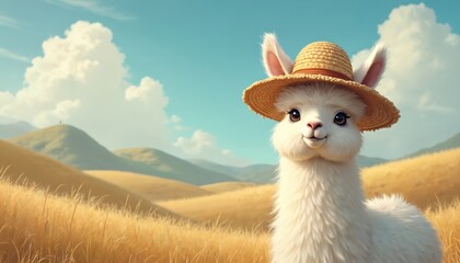 Fototapeta premium Cute white llama wears straw hat in bright sunny field. Funny animal portrait on farm with golden hills, blue sky background. Fluffy mammal looks directly at camera, smiling. Sweet alpaca cartoon