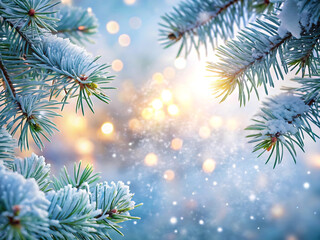 Closeup of frosted pine branches with soft bokeh lights and falling snow, evoking a winter wonderland atmosphere