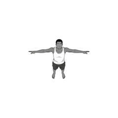 Man standing with arms outstretched, looking directly at the camera.