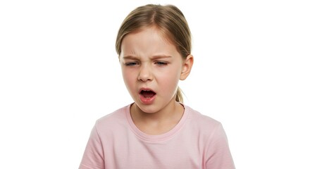 A young girl with a displeased expression furrowed brows and mouth open set against a white background