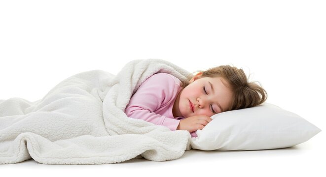 A young girl sleeps soundly under a white blanket resting her head on a white pillow