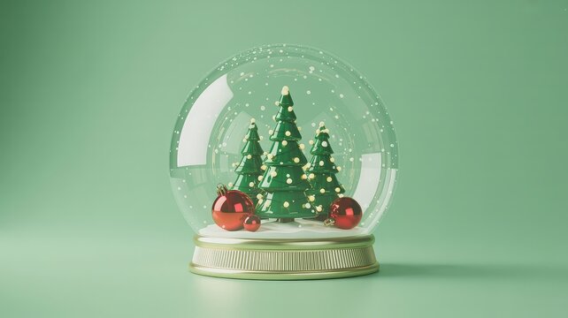 Magical snow globe with glowing green Christmas trees and red ornaments on mint green background