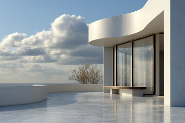 Modern white building corner with large glass windows and curved architecture under a blue sky with clouds.