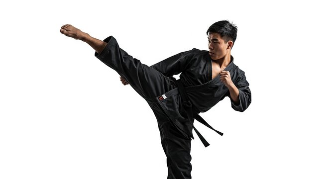 An Asian man in a black karate uniform performing a high kick against a white background