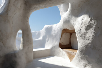 Organic, smooth white curved structure with built-in niche and seating area under clear blue sky.