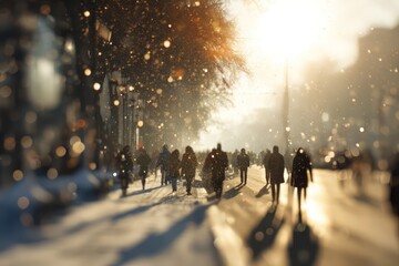 Blurred winter street scene with snowfall and people walking