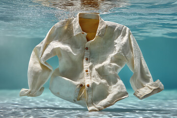 A white button-up shirt floating underwater with sleeves slightly rolled up.