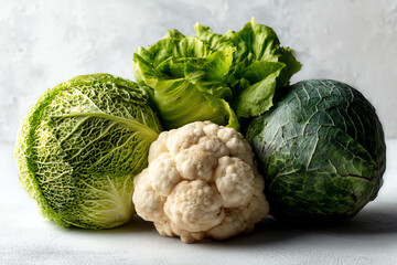 A close-up of fresh cauliflower and three varieties of cabbage displayed together.