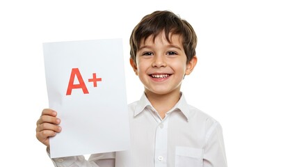 Boy smiles holding a paper displaying a red A Hes wearing a white collared shirt and has short brown hair
