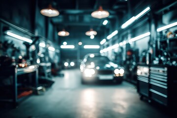 Fototapeta premium Blurred car repair station background with soft light