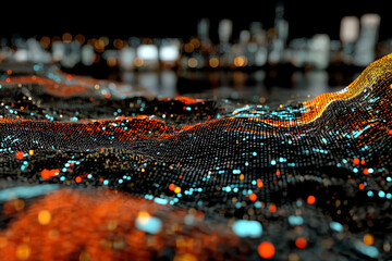 Colorful digital wave pattern with bright orange, blue, and black pixels creating 3D mesh-like terrain.