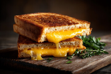 Close-up of toasted grilled cheese sandwich with melted cheddar cheese oozing out.