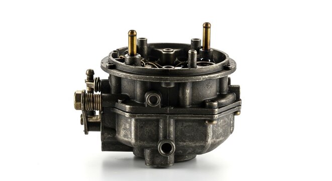 Carburetor metallic complex engine part with tubes  bolts isolated on white
