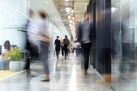 Bright modern office with people walking in blurred motion