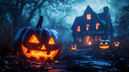 Halloween background with pumpkins and haunted house - 3D render. Halloween background with Evil Pumpkin. Spooky scary dark Night forrest. Holiday event halloween banner background concept