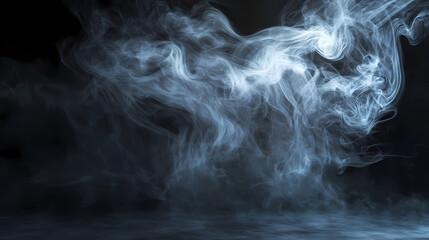 Mystical mist. Swirling smoke in dark and light symphony. Fluid fantasia. Abstract dance of fog and light on floor with black background