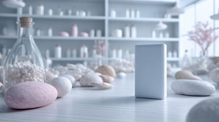 Cosmetic spa bottles styled artistic minimal modern composition design arrangement wellness inspiration decorative display