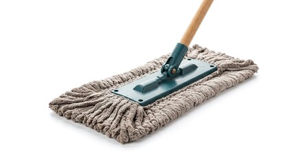 Closeup of a gray flat mop with a wooden handle against a white backdrop