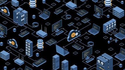 Isometric data network management animation. Cloud storage data and synchronization of devices. Networking, database, cloud storage. Isometric technology. Transparent background with alpha channel - Powered by Adobe