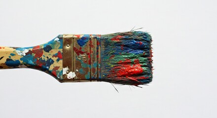 Closeup of a paint brush smeared with various colors against a plain white background