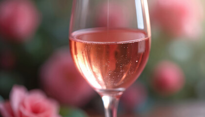 Glass of pink wine. Sparkling rose champagne beverage. Floral backdrop. Drink for celebration. Romantic toast concept. Elegant glass for special event. Bubbles inside the wine. Party