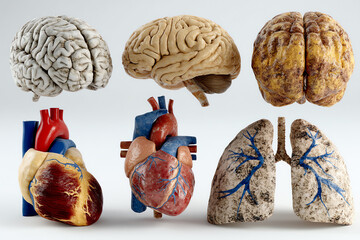 Three human brains, two anatomical hearts, and two anatomical lungs displayed in detailed 3D models.