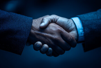 Two business people in suits shaking hands in a dark moody setting symbolizing agreement