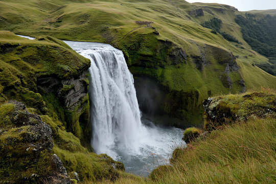 A powerful waterfall cascading down rocky cliffs surrounded by lush green hills.