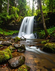 Lush waterfall cascading into a clear stream, surrounded by a dense forest
