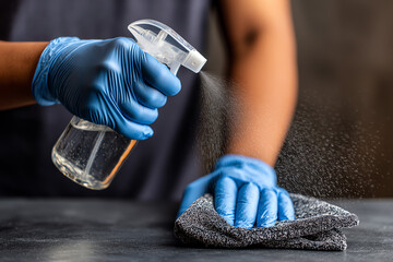 Person wearing blue gloves spraying liquid from a bottle and wiping a surface with a cloth.