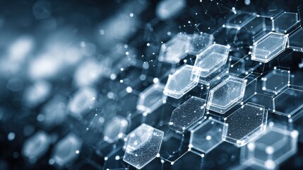Obraz premium Hexagonal Shapes Create a Futuristic Pattern With Glimmering Elements in a Dark Background, Depicting a Digital Atmosphere of Technology